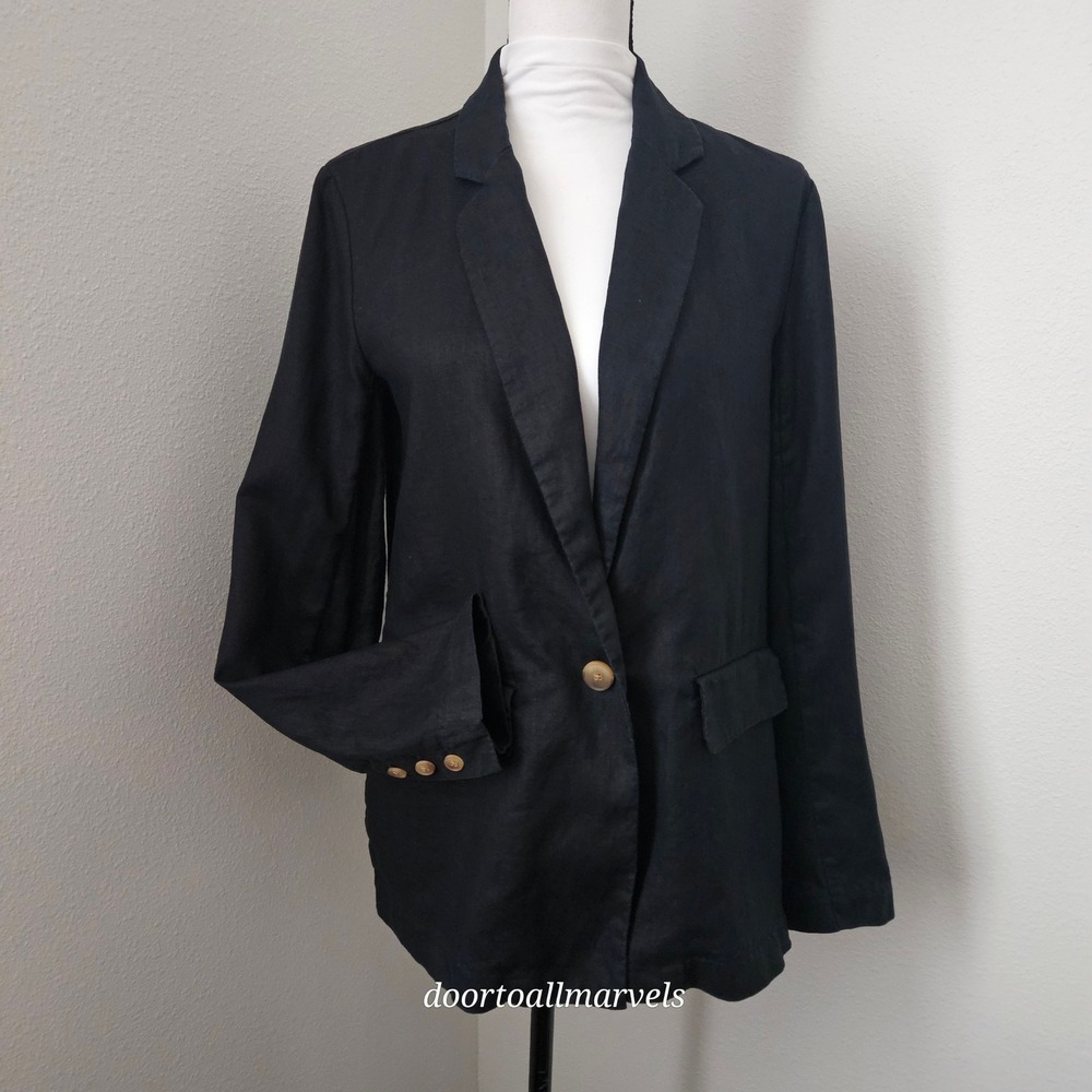 Quince Black Linen Blazer S Relaxed Boyfriend 1-Button Quiet Luxury Coastal